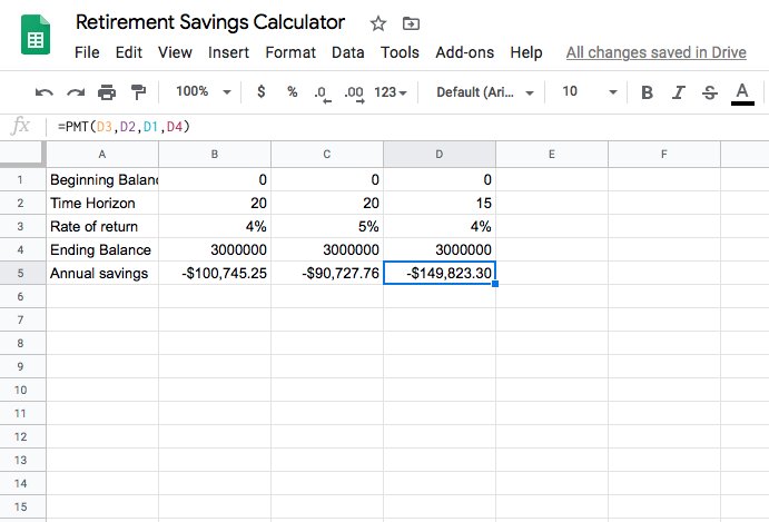 Google sheet with 15 yr time period, PMT