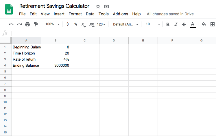 Google sheet with assumptions entered