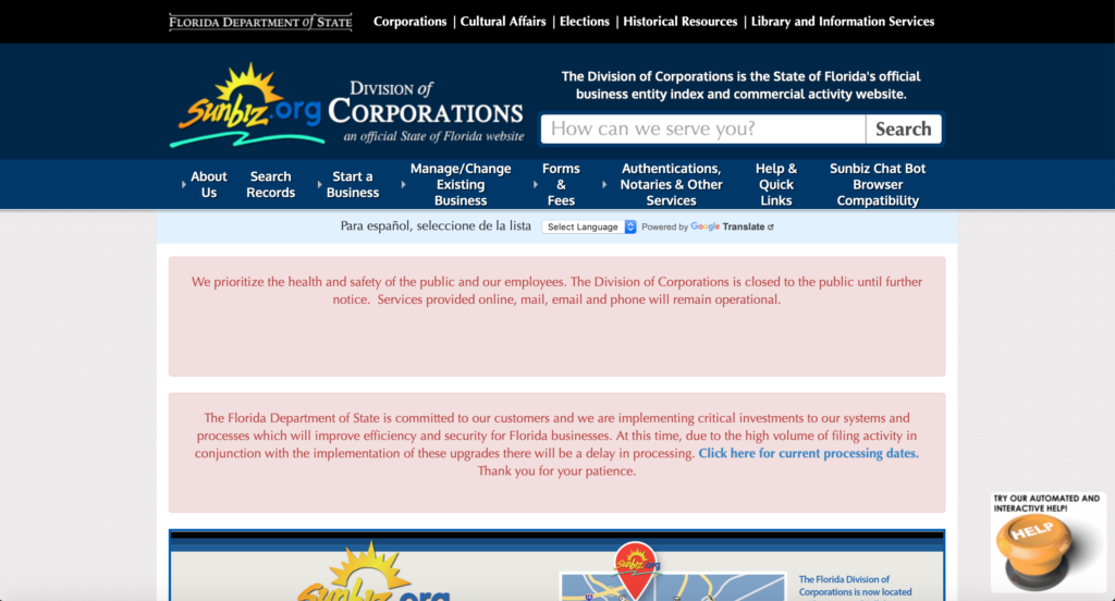 Florida's website for Division of corporations: sunbiz.org