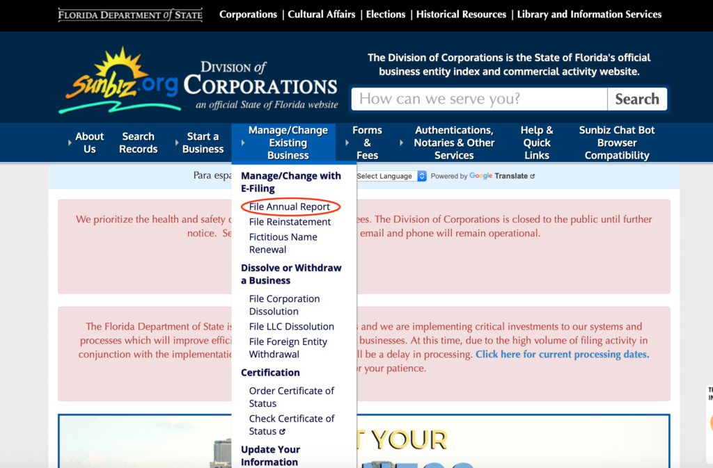 File annual report dropdown menu